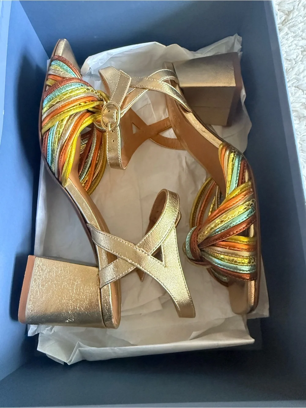Sézane Metallic Gold Multi-Color Strappy Knot Block Heel Sandals